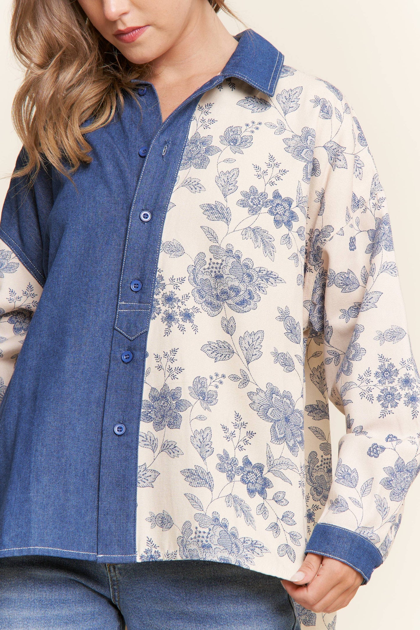 Denim Floral Print Color Block Button Up Top