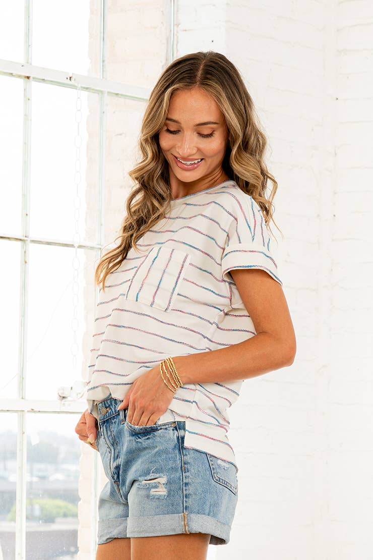 Cuff Sleeves Striped Top with Pocket