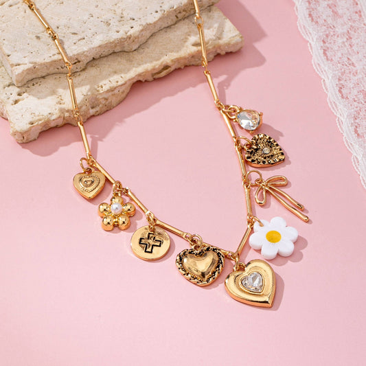 Heart, Bow, Flower Charm Necklace
