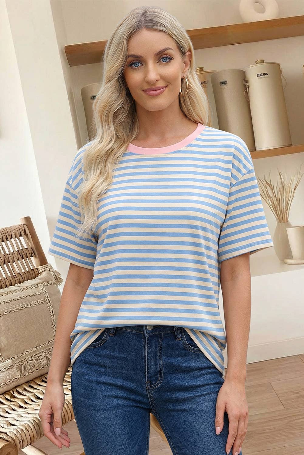 Stripe Contrast Crew Neck Tee