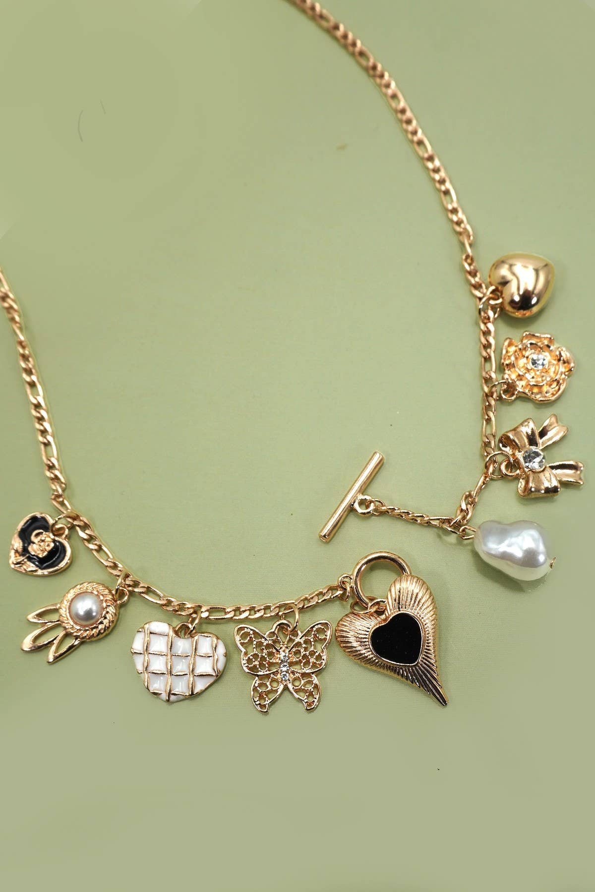 Heart, Bow, Pearl Charm Necklace