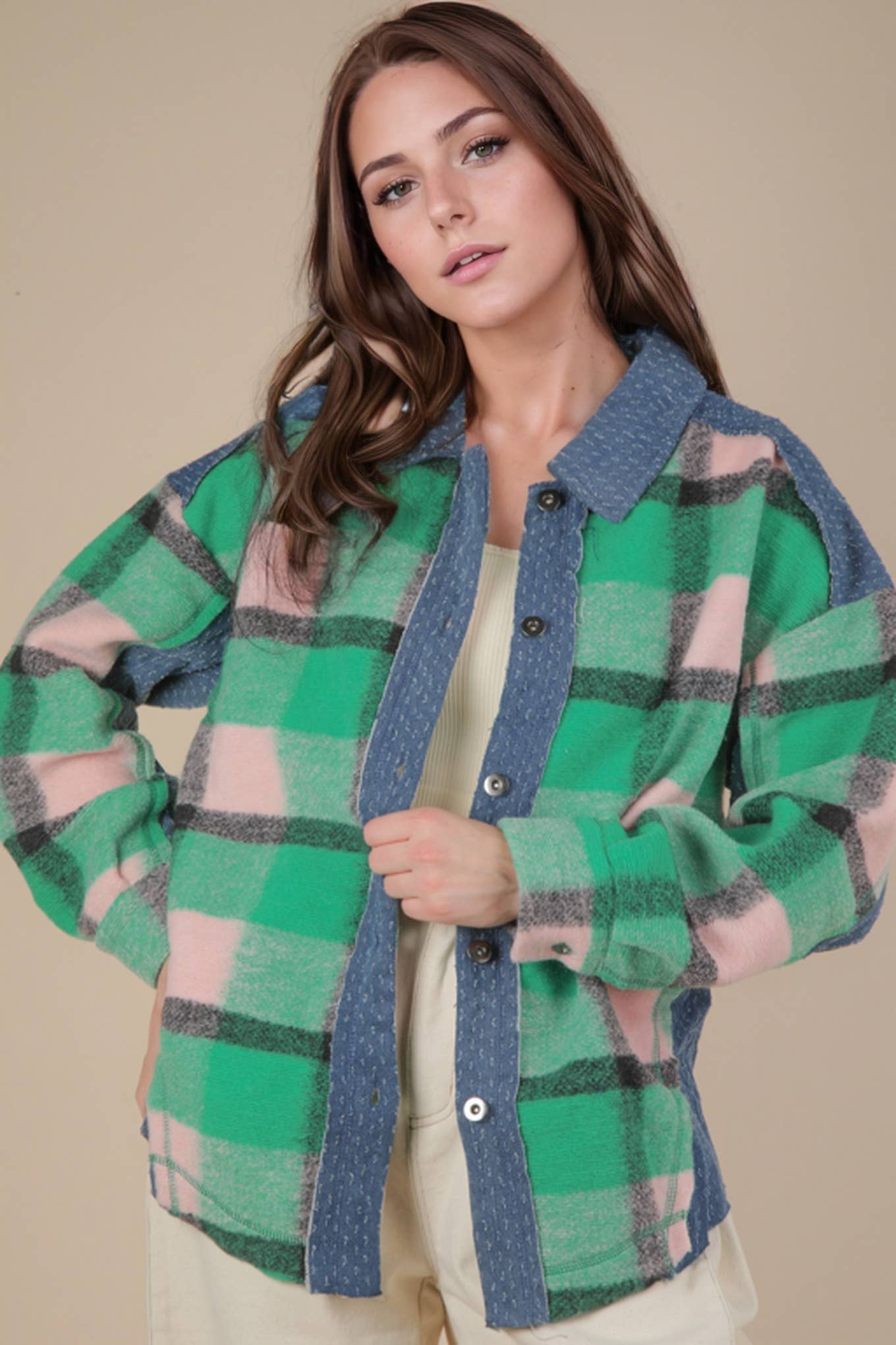 Textured Denim Contrast Plaid Shacket Jacket