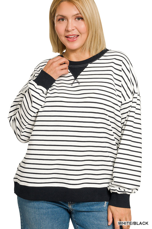 Zenana Black & White Striped Rib Banded Pullover - Plus Size
