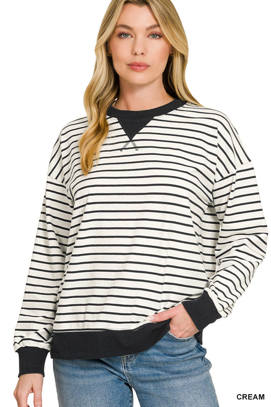 Zenana Cream & Black Striped Rib Banded Pullover