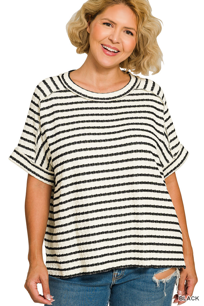 Zenana Striped Short Sleeve Hi-Low Tee in Ivory and Black
