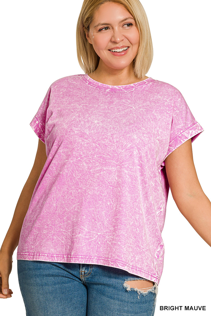 Crinkle Washed Round Neck Folded Short Sleeve Tee in Mauve