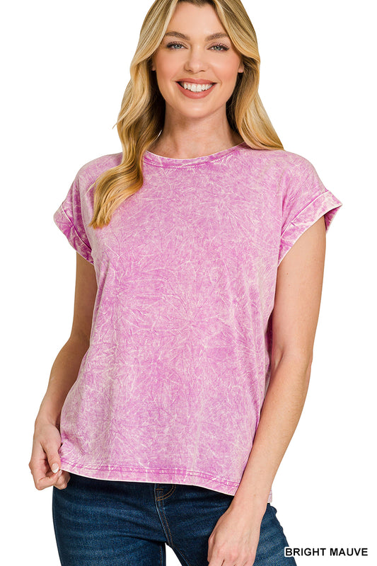 Crinkle Washed Round Neck Folded Short Sleeve Tee in Mauve