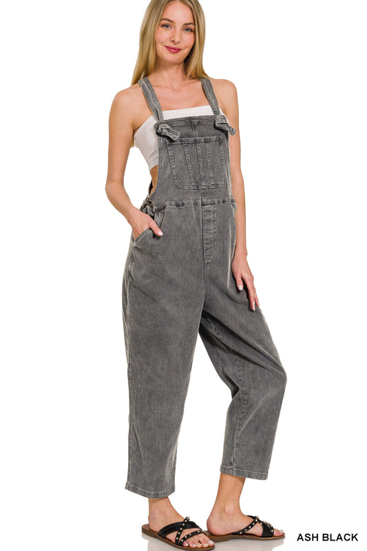 Washed Knot Strap Relaxed Fit Overalls