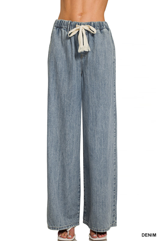 Zenana Wide Leg Drawstring Elastic Waistband Denim Pants