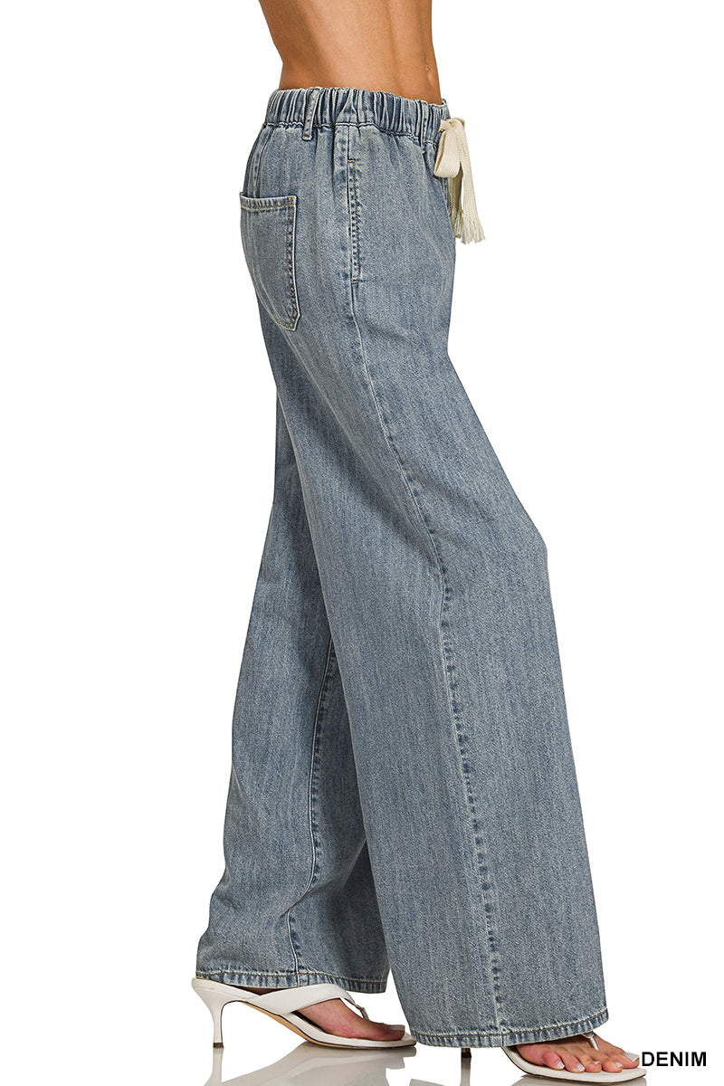 Zenana Wide Leg Drawstring Elastic Waistband Denim Pants