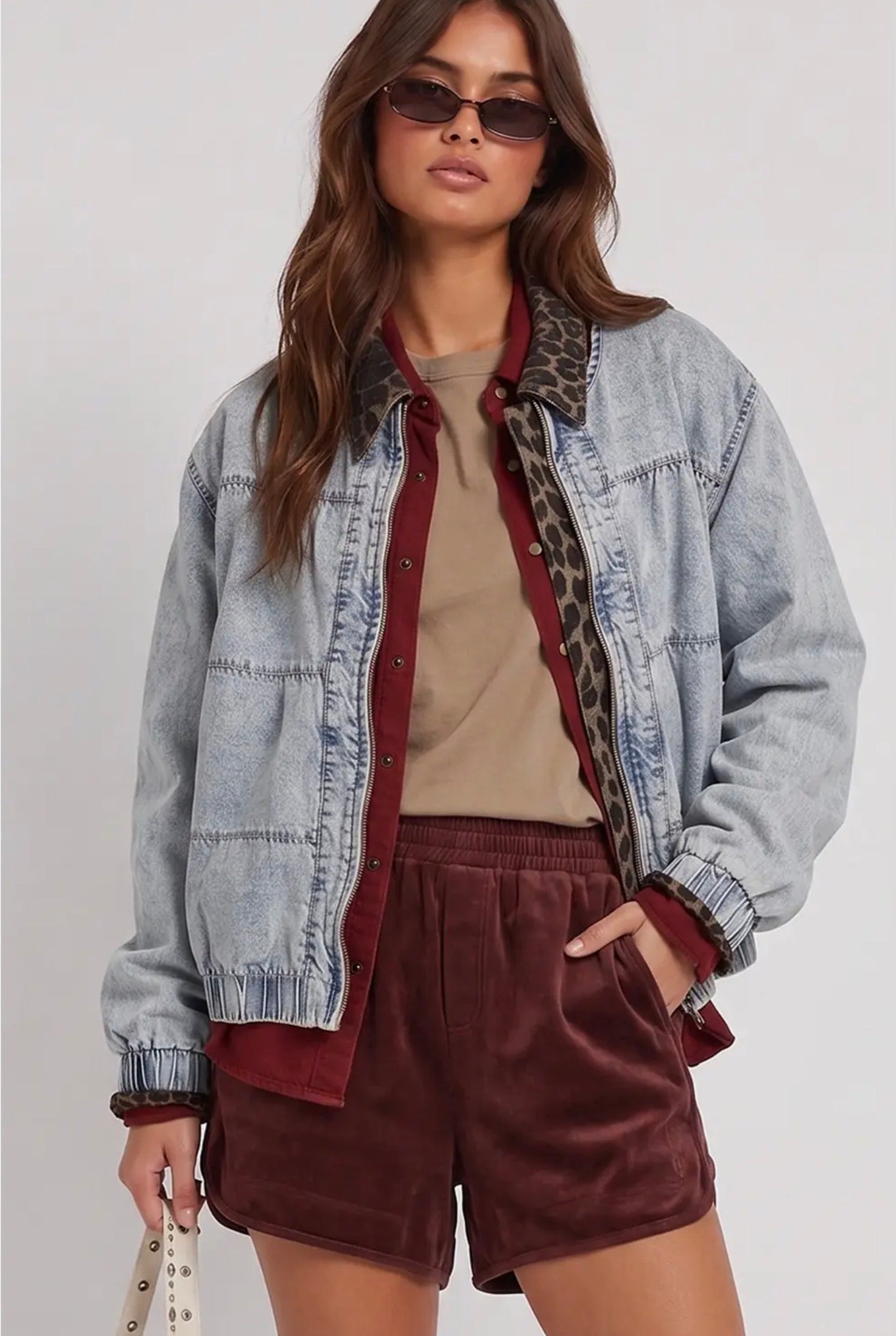 Ruched Washed Denim Bomber Jacket