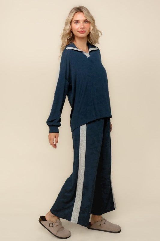 Navy Two Tone Elastic Waist Band Knit Jogger Pants (S-L)