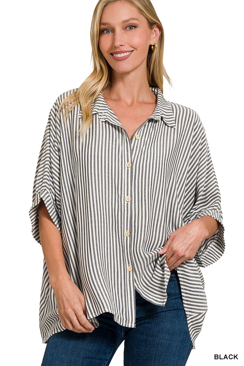Rayon Striped Short Sleeve Button Up