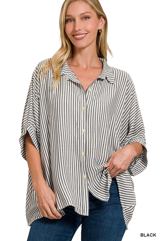 Rayon Striped Short Sleeve Button Up