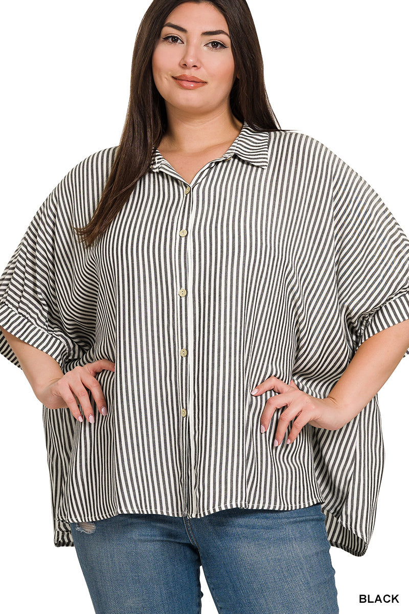 Rayon Striped Short Sleeve Button Up