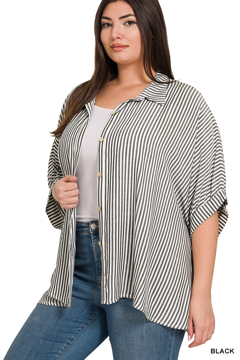 Rayon Striped Short Sleeve Button Up