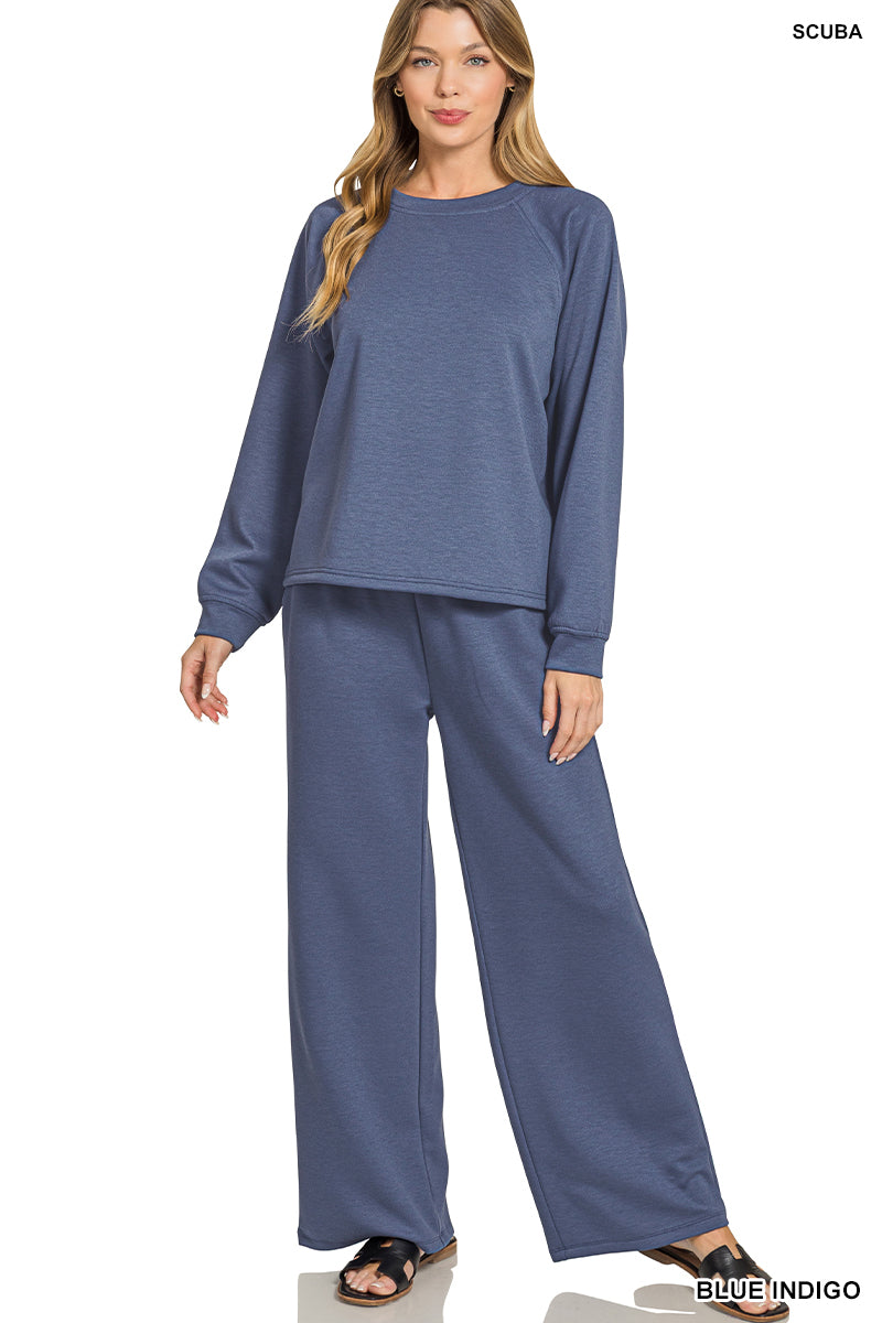 Zenana Scuba Crewneck Pullover & Pants 2 Piece Set