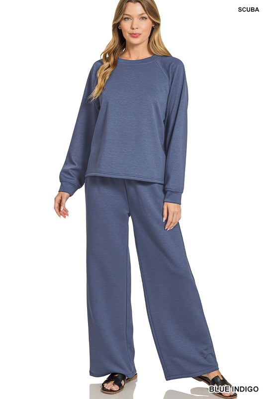 Zenana Scuba Crewneck Pullover & Pants 2 Piece Set
