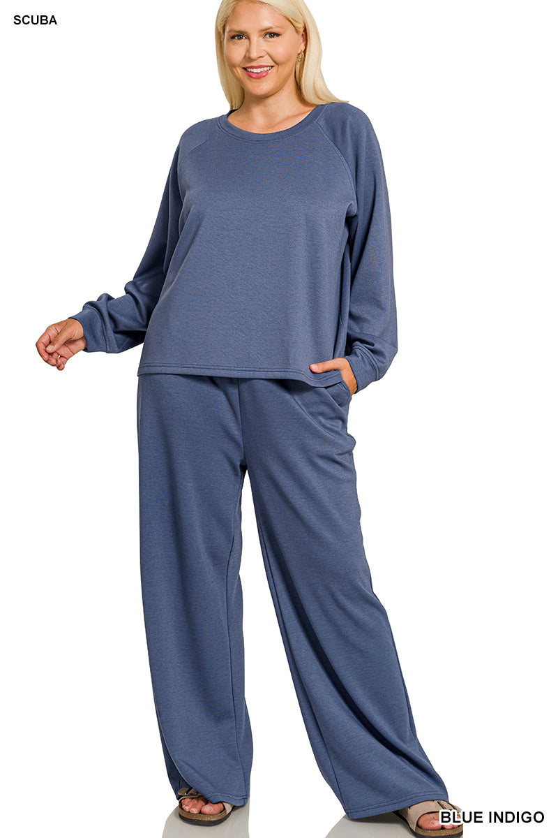 Zenana Scuba Crewneck Pullover & Pants 2 Piece Set