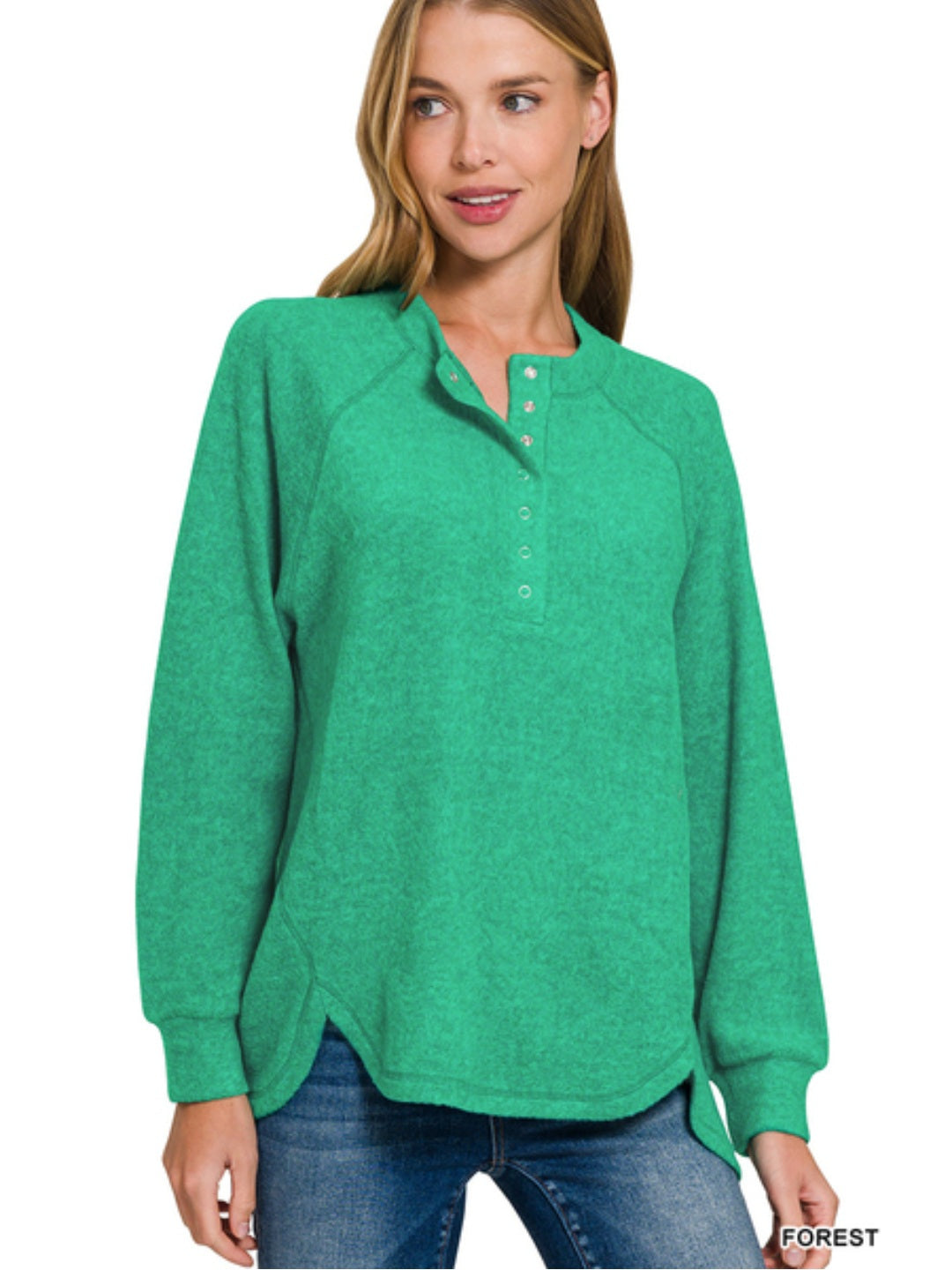 Brushed melange hacci oversized 7-button henley placket sweater