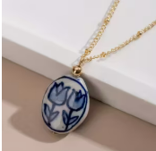 Vintage Hand Painted Ceramic Pendant with Gold Chain