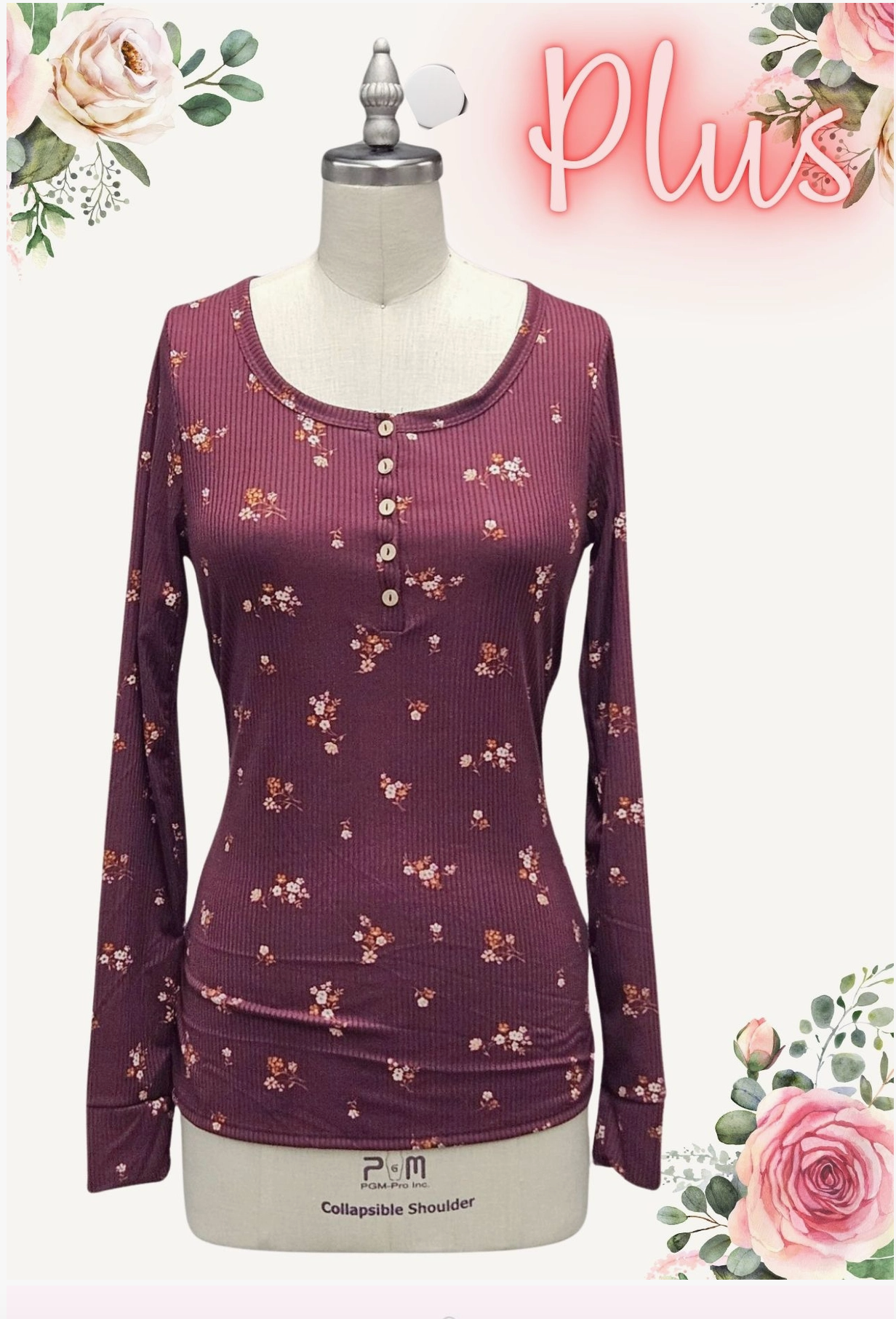 Plum Floral Ribbed Henley Top