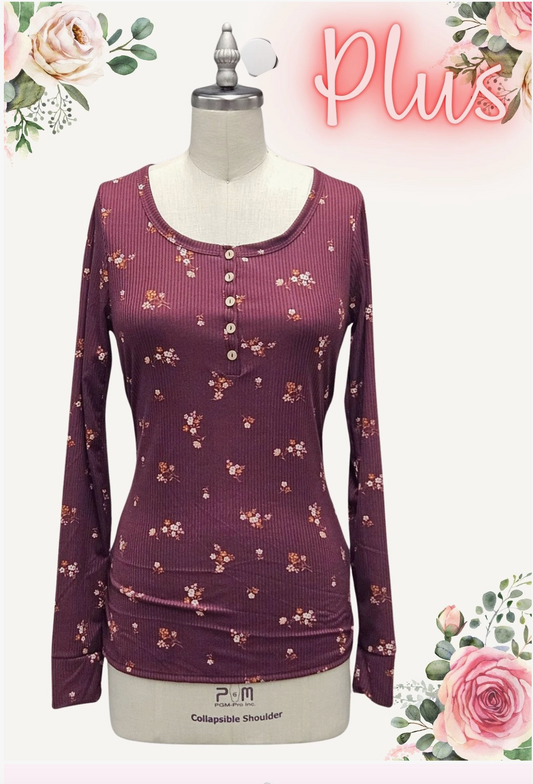 Plum Floral Ribbed Henley Top