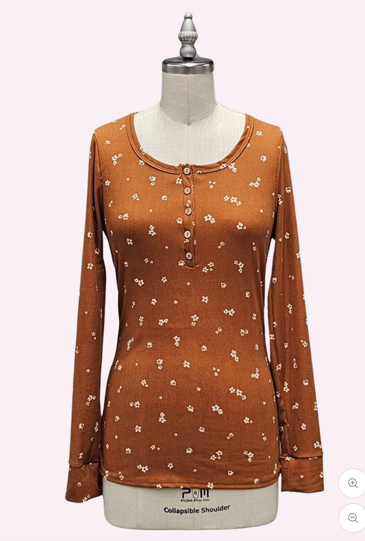 Rust Floral Ribbed Henley Top
