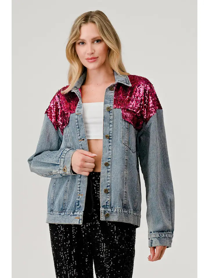 Pink Sequin Denim Jacket