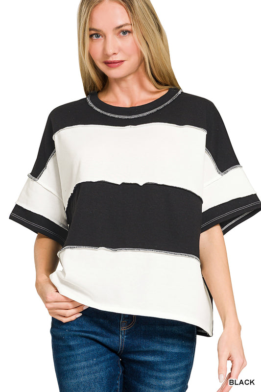 Black and White French Terry Color Block Exposed Sleeve Top