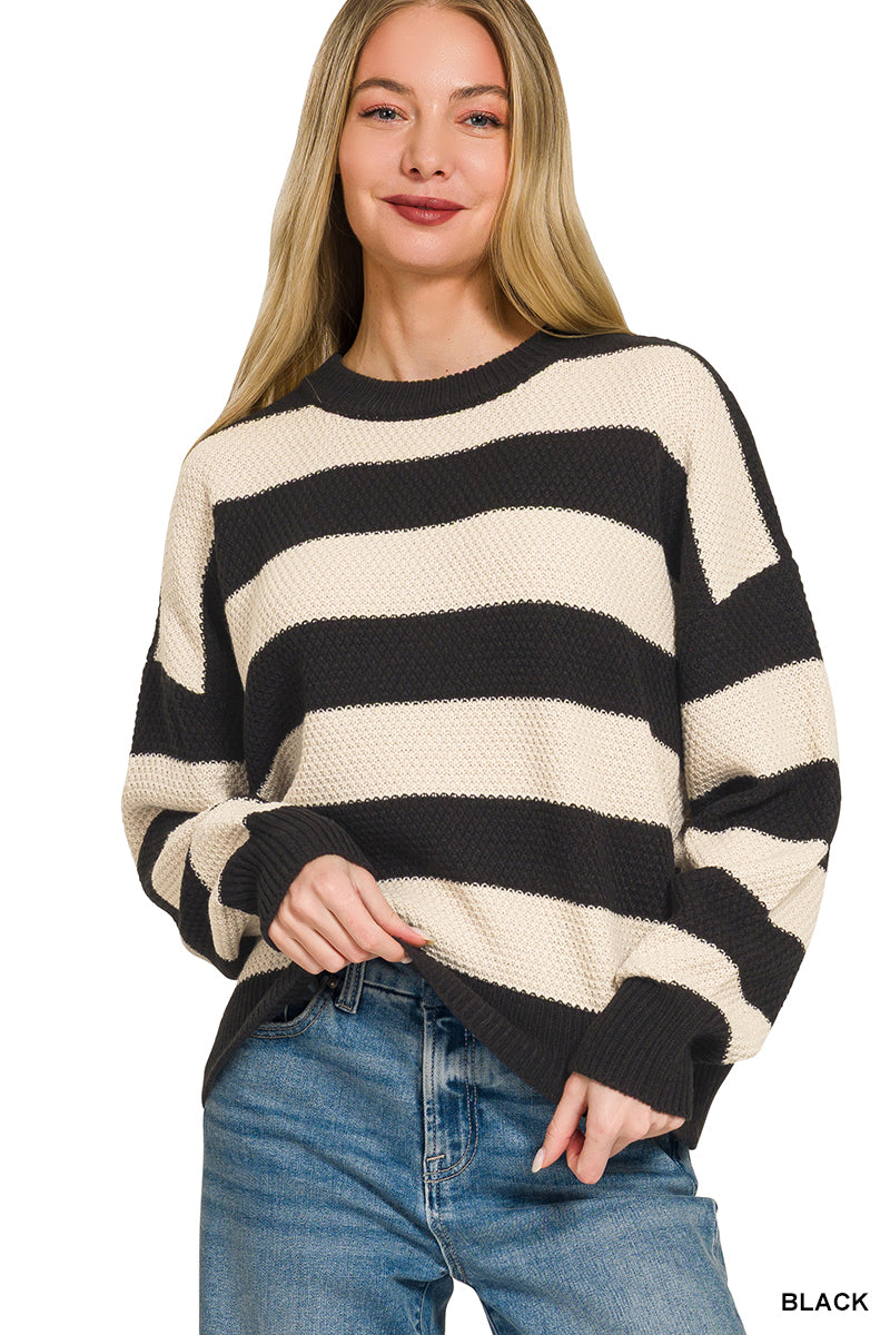 Zenana Black and Ivory Striped Drop Shoulder Sweater