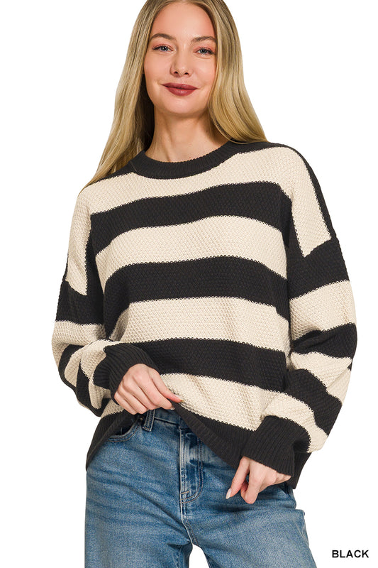 Zenana Black and Ivory Striped Drop Shoulder Sweater