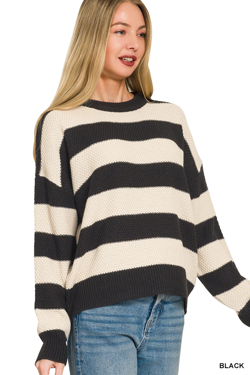 Zenana Black and Ivory Striped Drop Shoulder Sweater