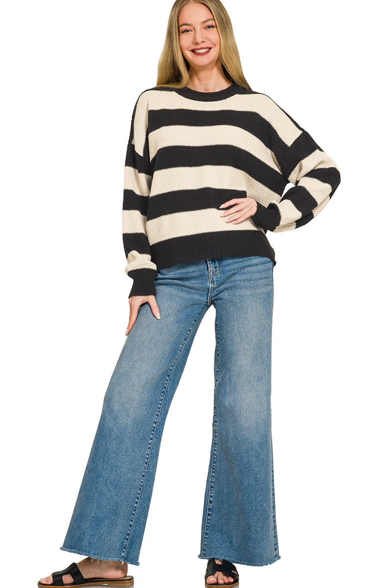 Zenana Black and Ivory Striped Drop Shoulder Sweater