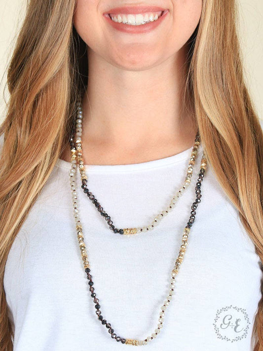 Crystal Beaded Necklace in Brown, Grey, and Gold
