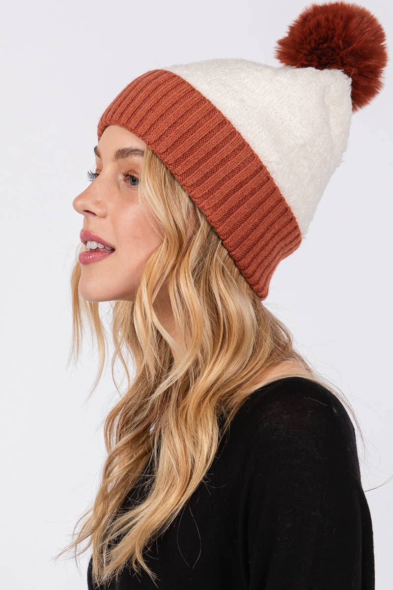 Two Tone Fleeced Pom Pom Beanie