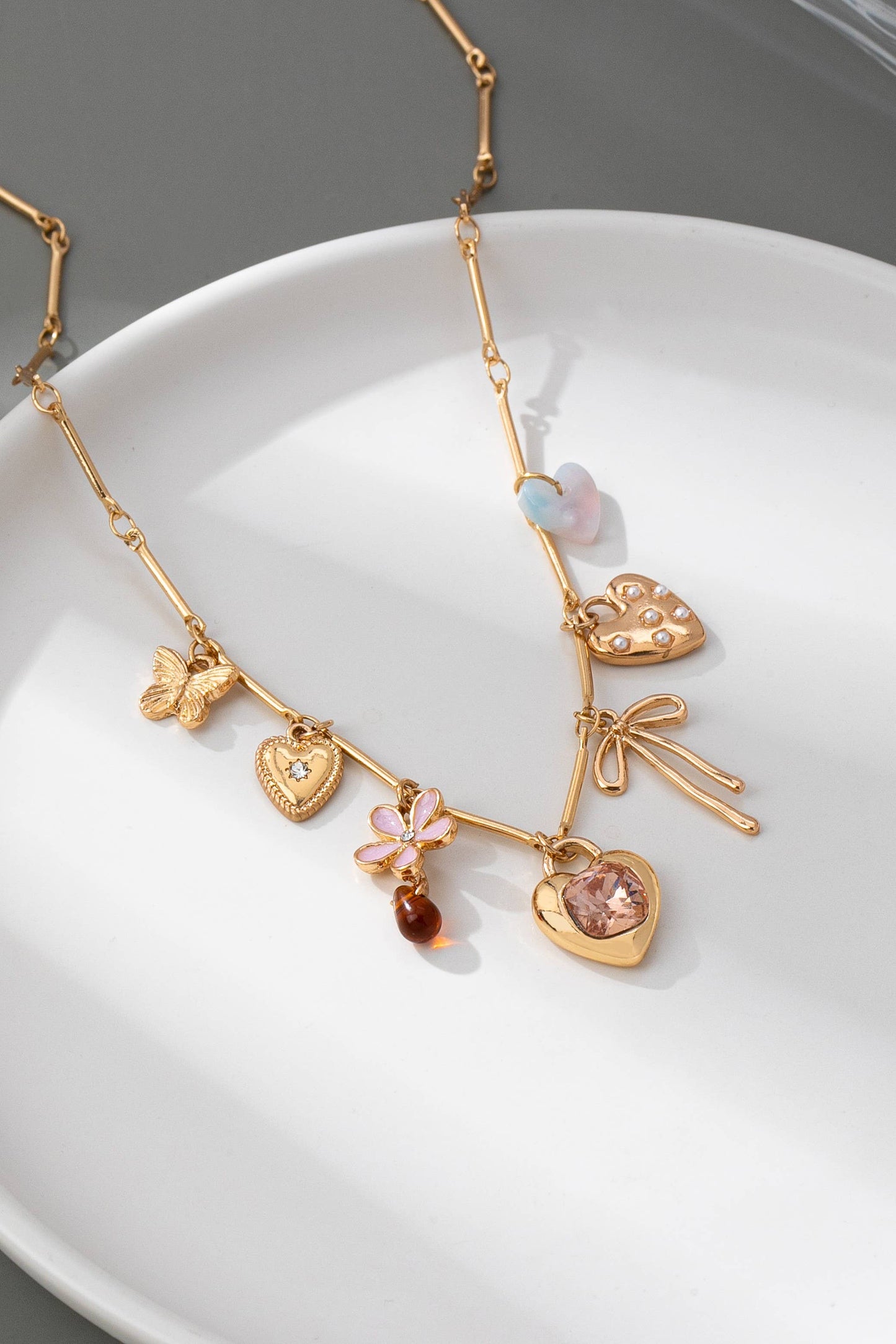Charm Necklace-Hearts, Flower, Bow, Butterfly