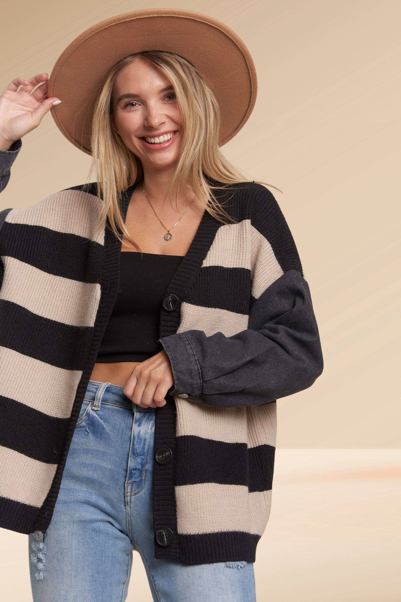 Striped Denim Sleeve Cardigan