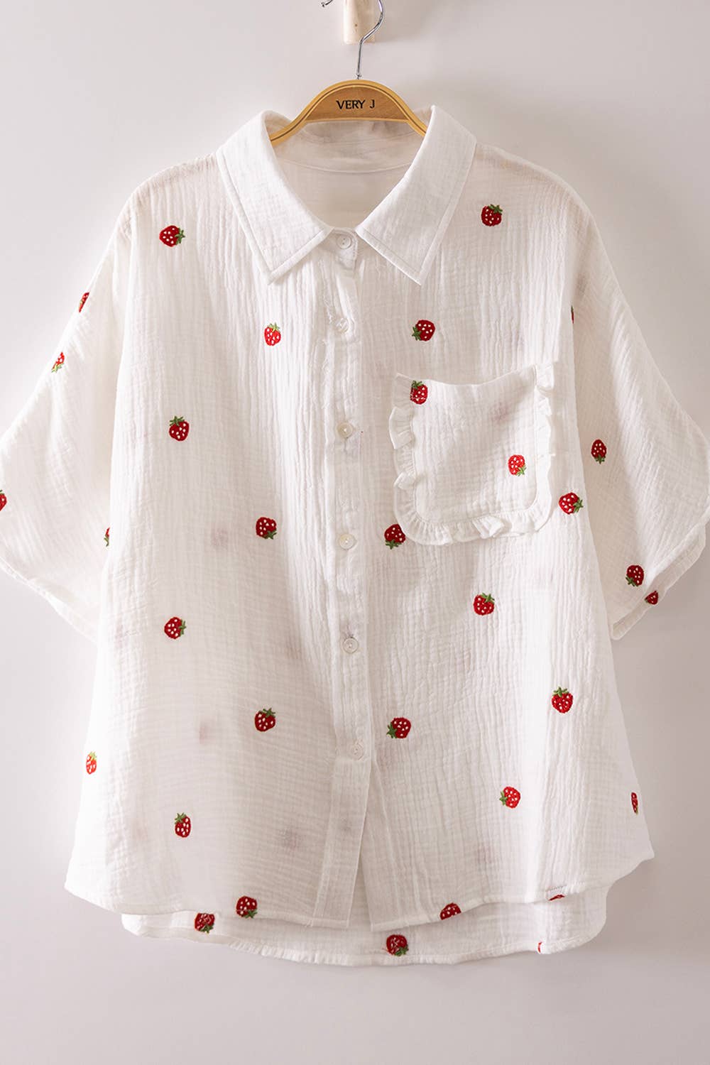 Strawberry Embroidered Oversized Gauze Shirt Top