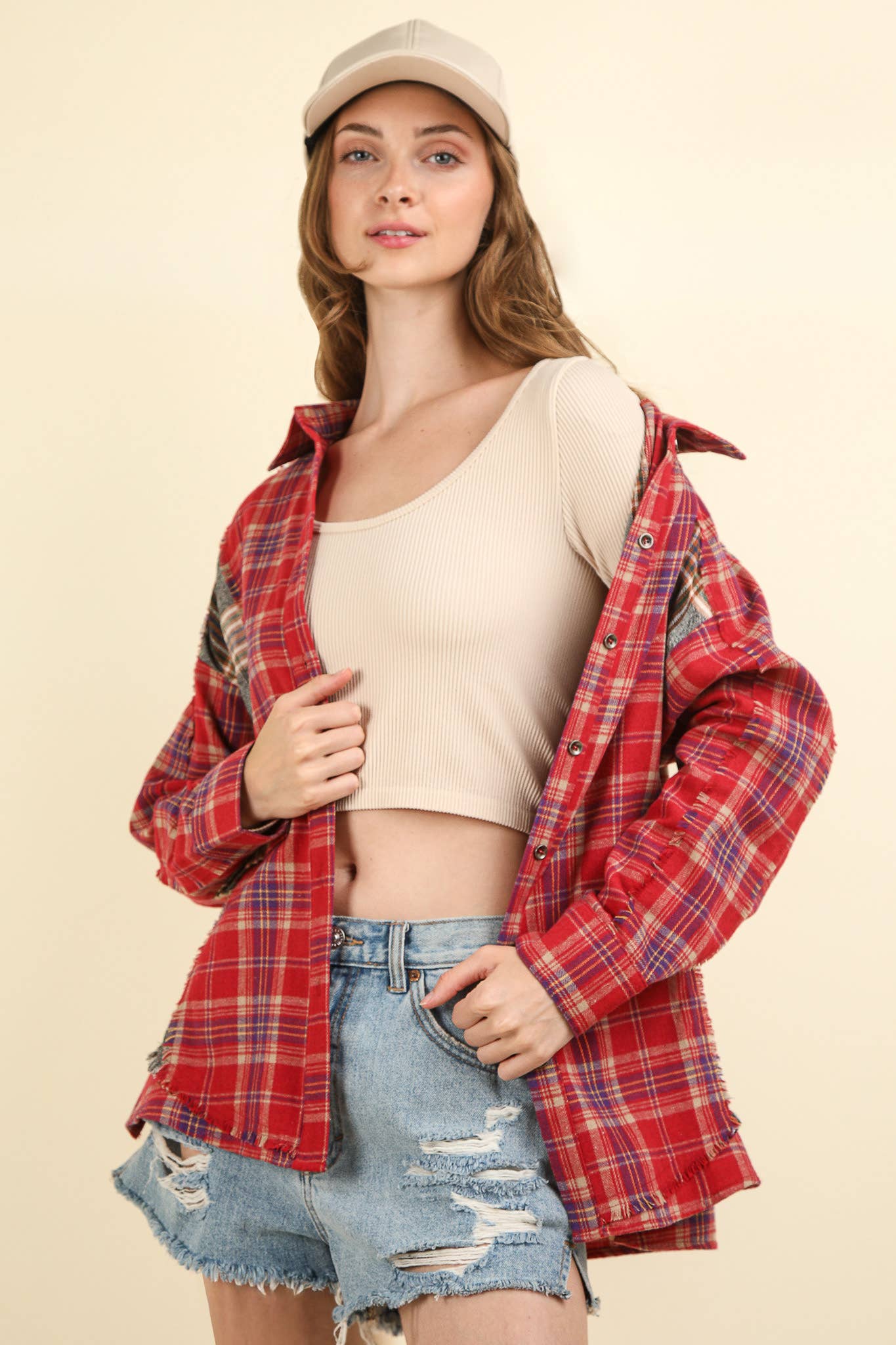Contrast Plaid Detail Casual Shirt Top