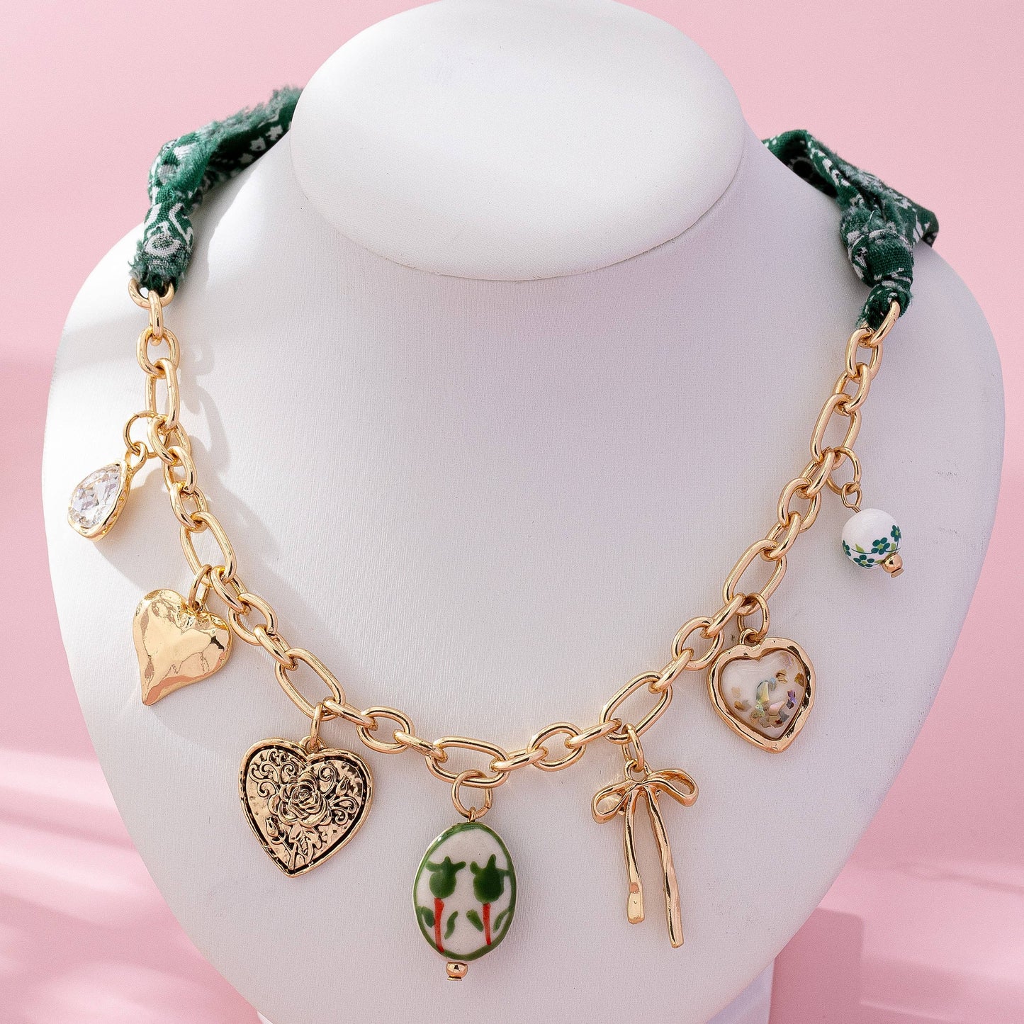Scarf Charm Necklace-Heart, Bow