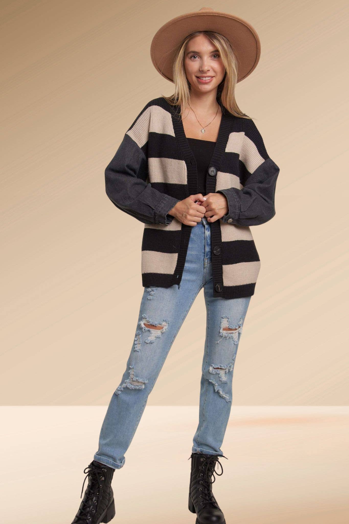 Striped Denim Sleeve Cardigan