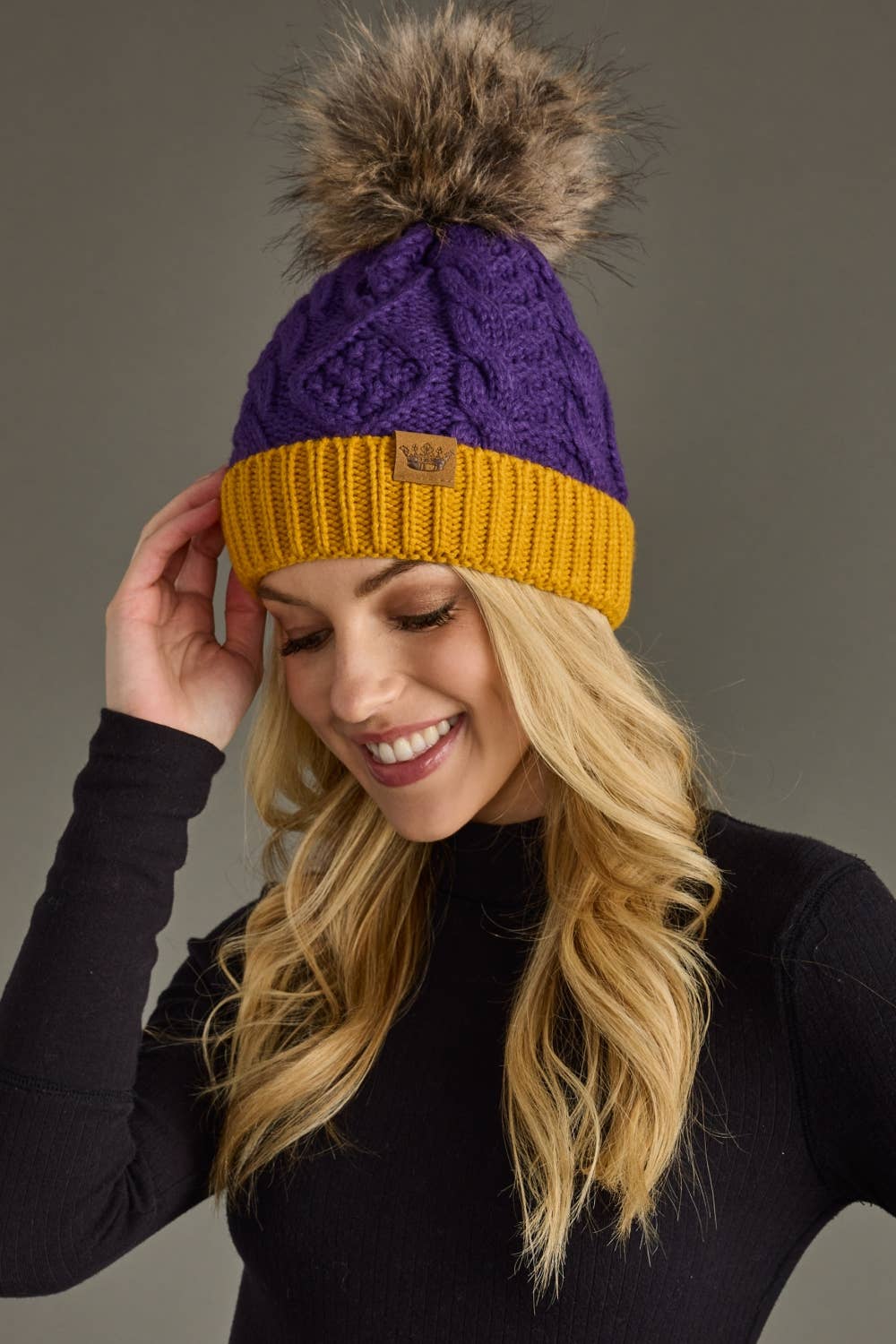 Purple & Gold Trim Cable Knit Pom Hat