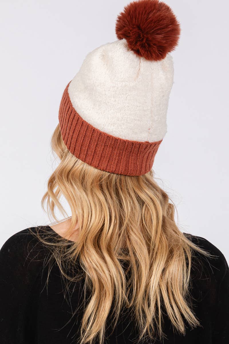 Two Tone Fleeced Pom Pom Beanie