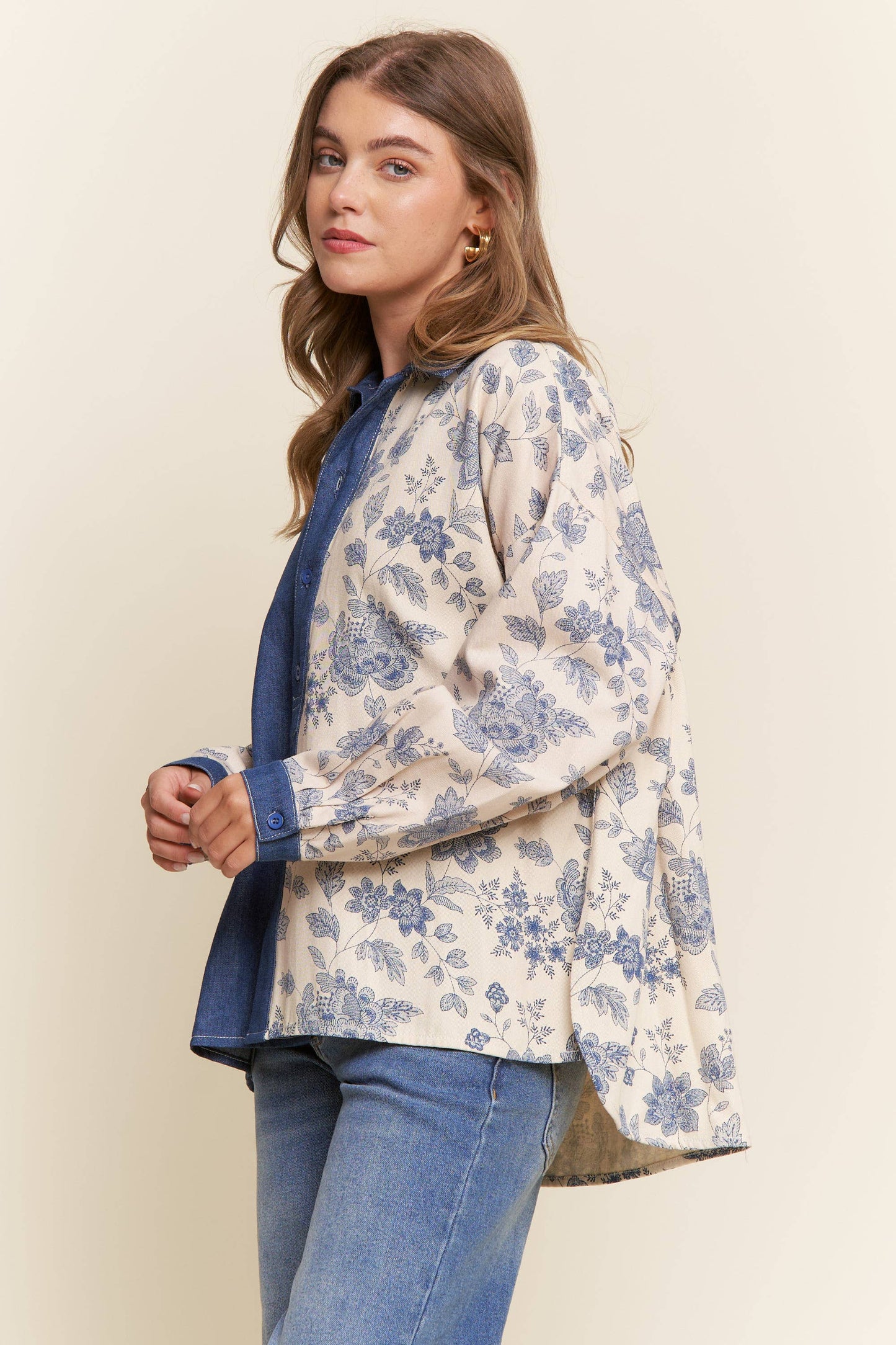 Denim Floral Print Color Block Button Up Top