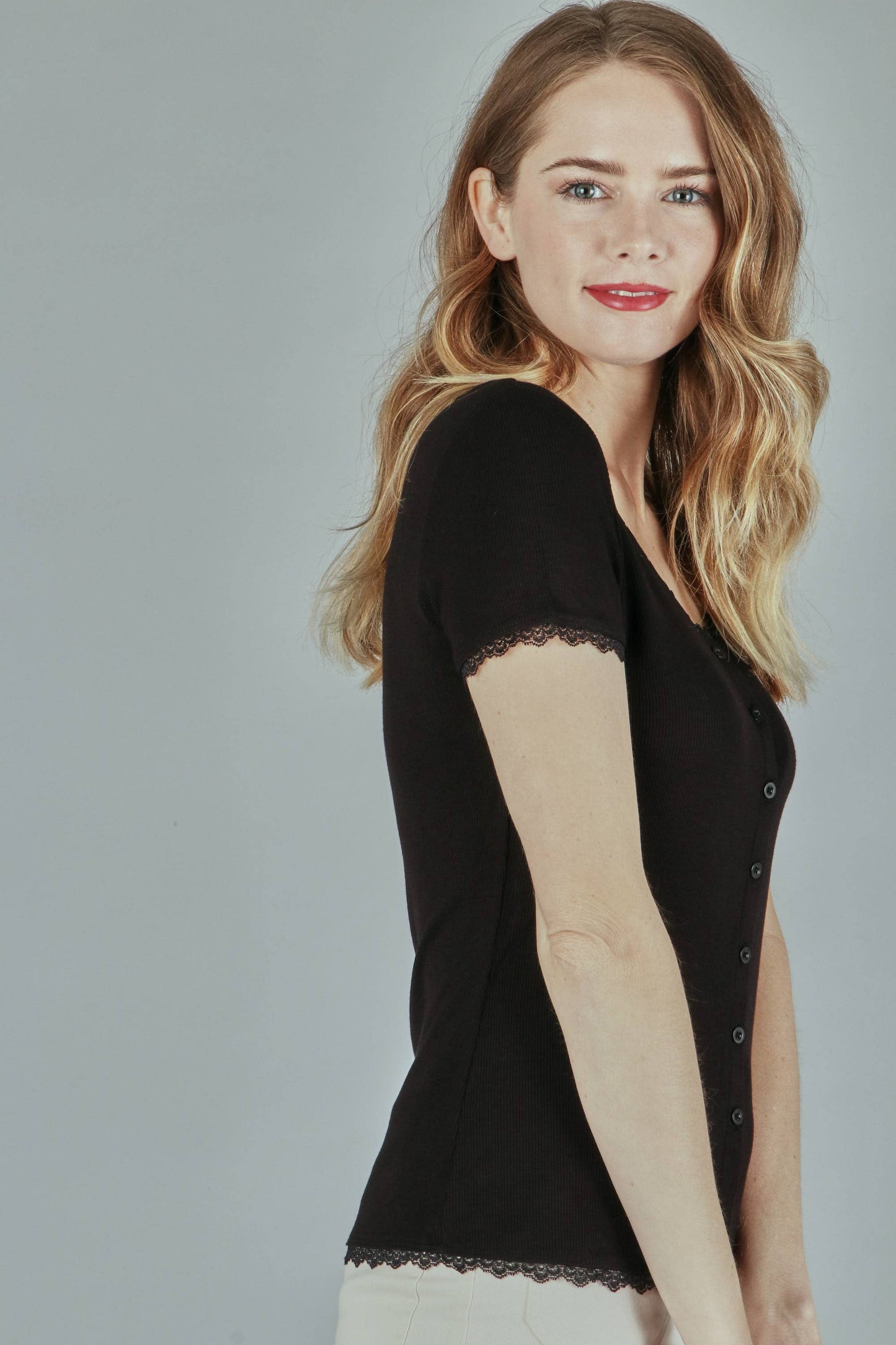 Solid Rib Button Top