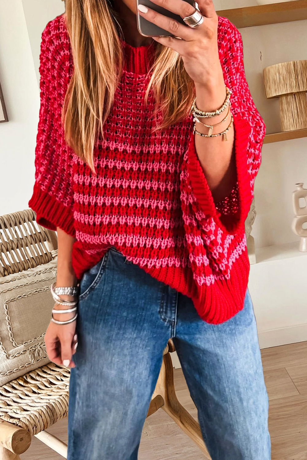 Pink and Red Stripe 3/4 Draped Sleeve Slouchy Sweater