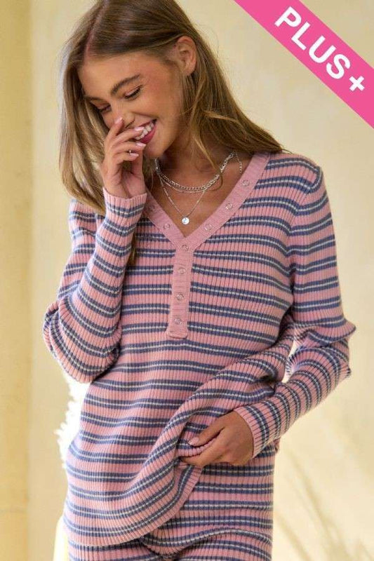 Stripe V Neck Button Down