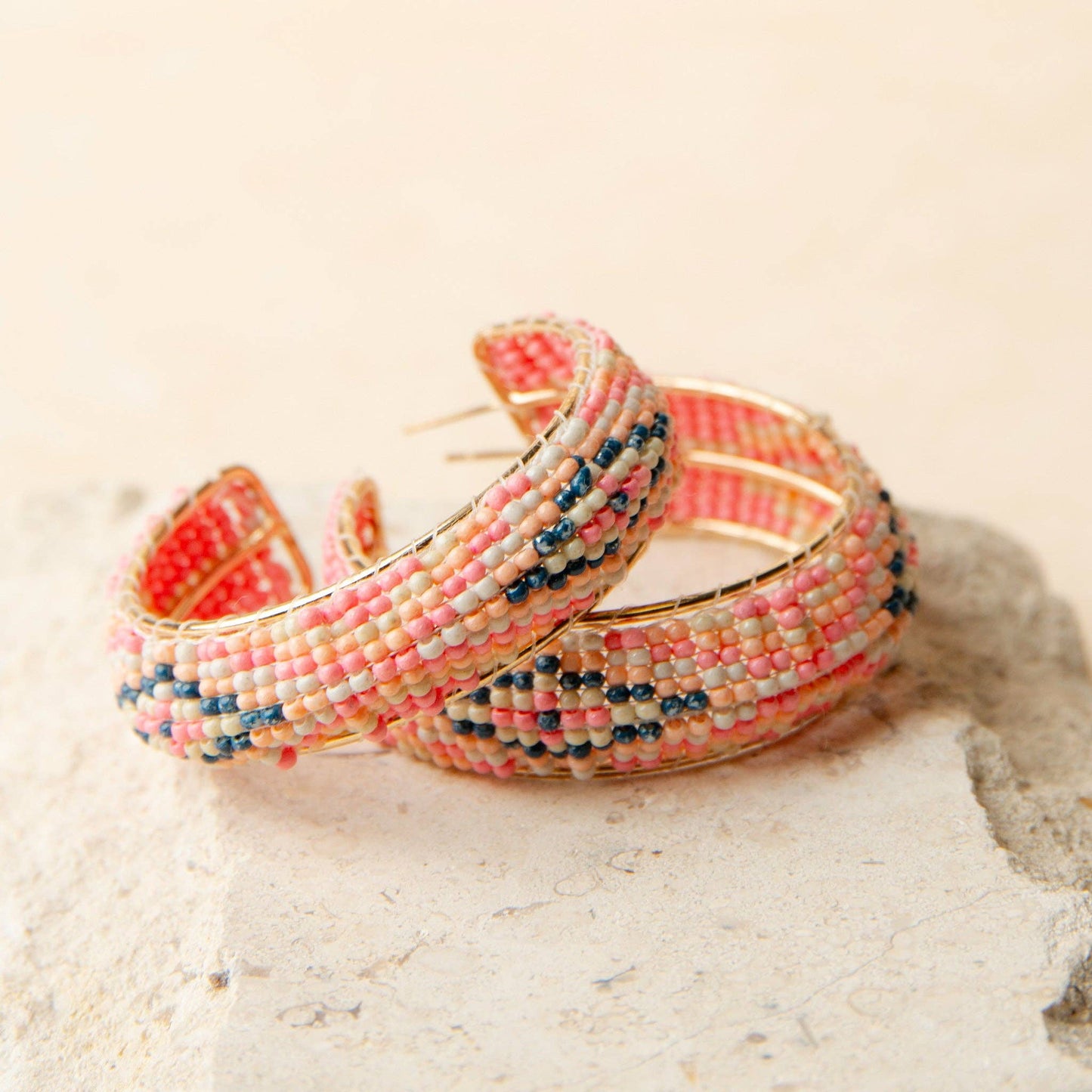 Multi-Color Beaded C Hoop Earrings