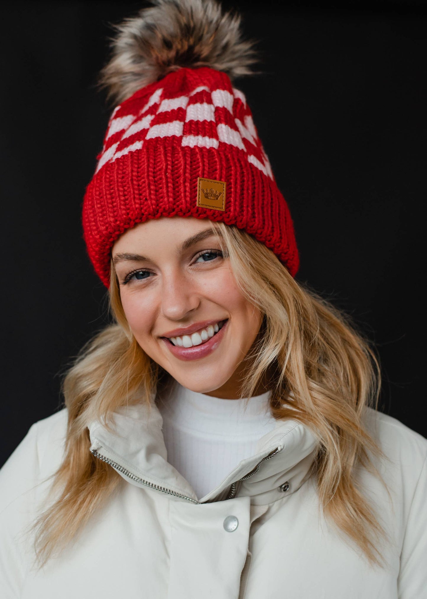 Red & Pink Checkered Pom Hat